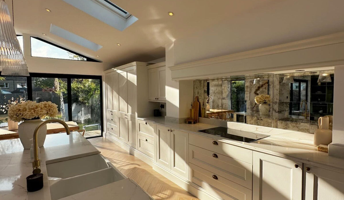 Antique mirror tile splashback in a kitchen
