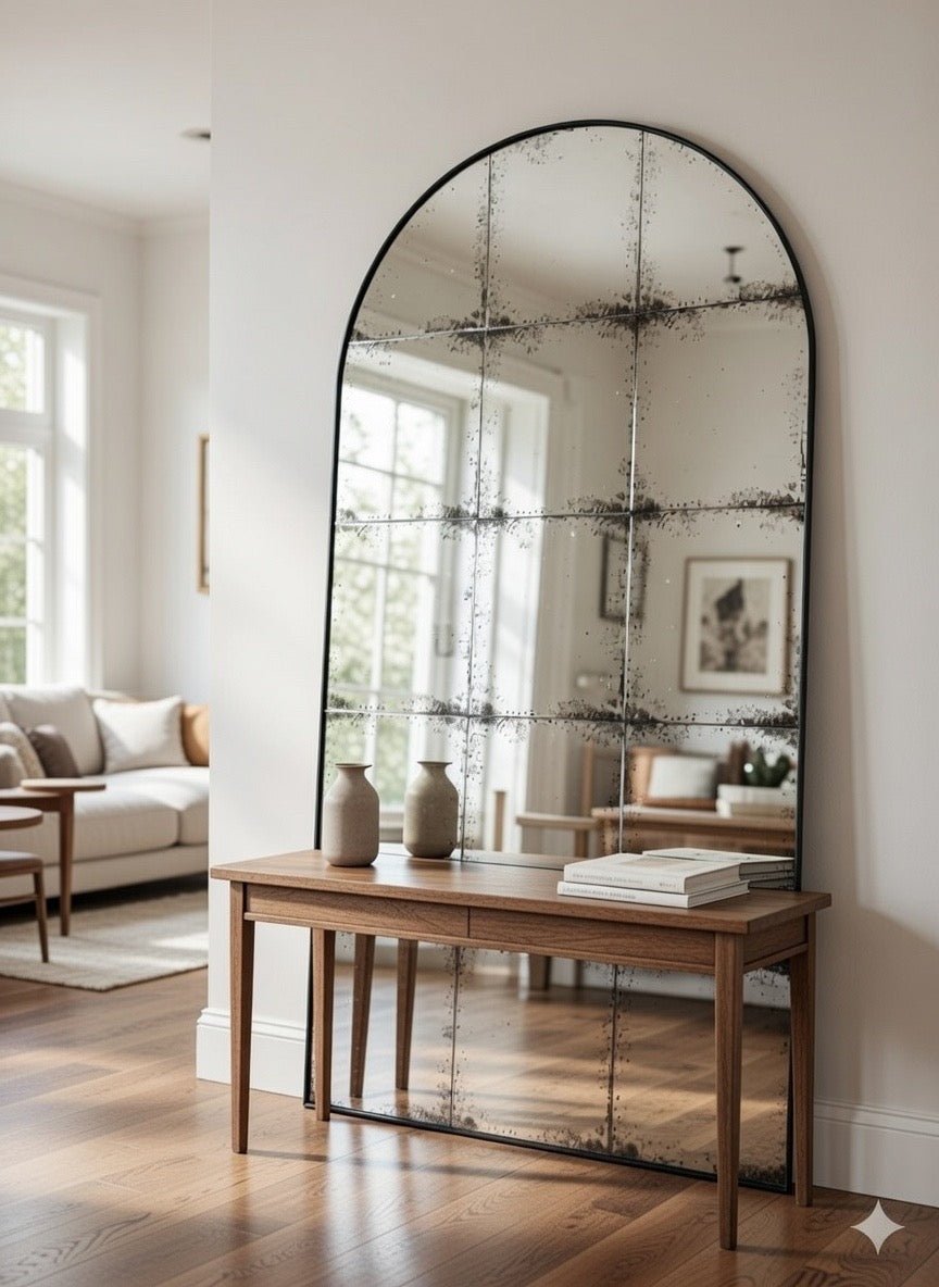 Constantine arch antique mirror leaning in a living room beside a sofa and console table